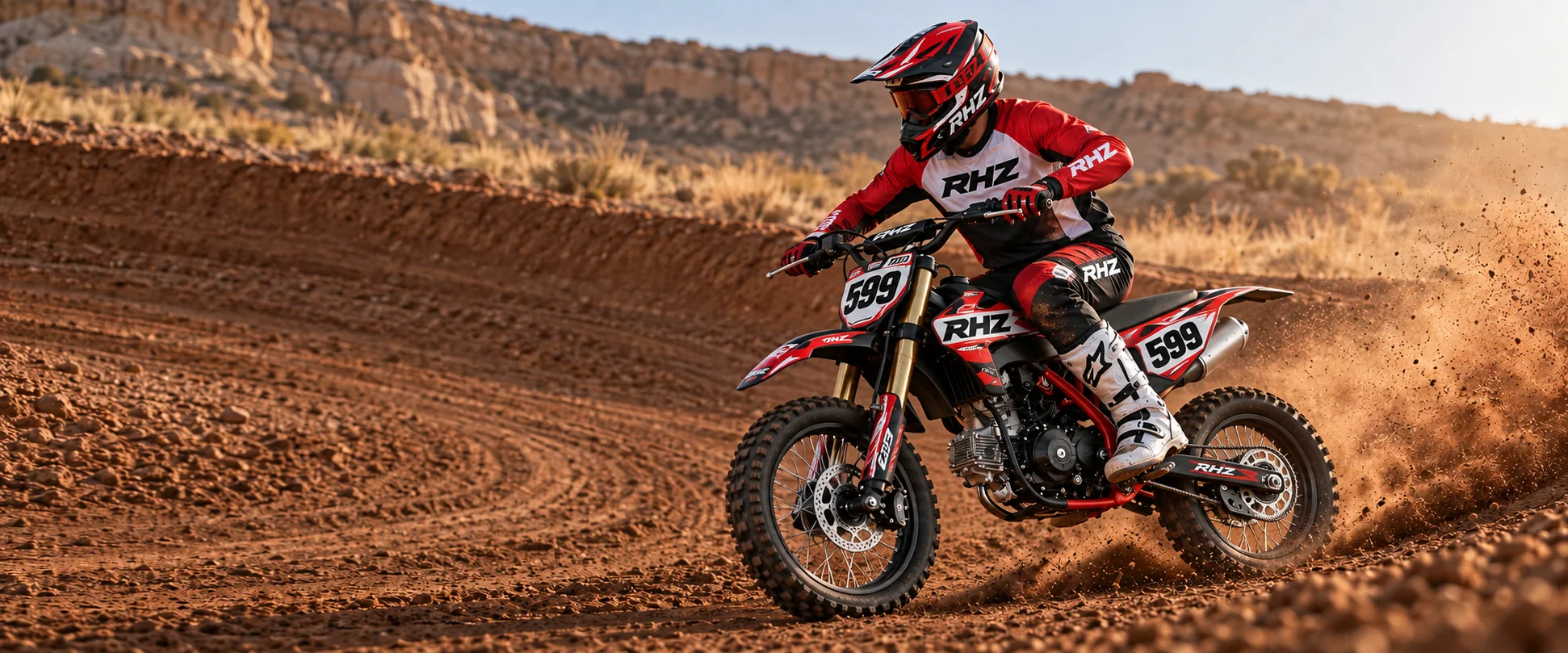 Piloto con equipación RHZ roja sobre una pit bike roja en una curva de tierra