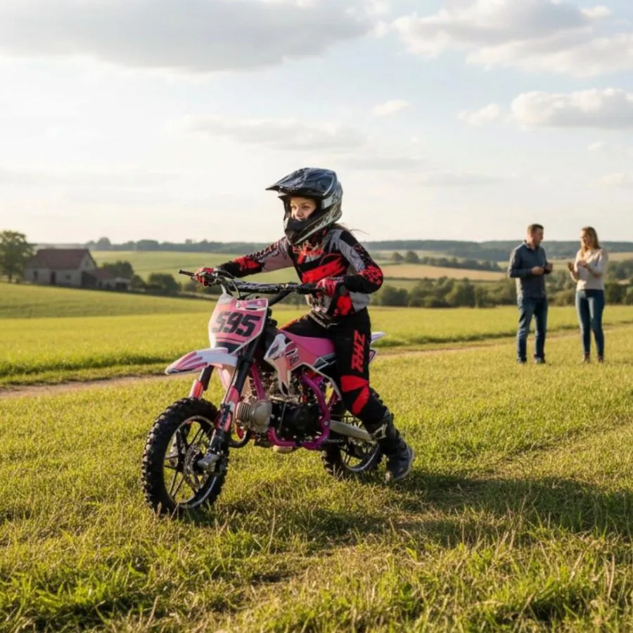 Una niña con casco y equipación da sus primeras vueltas en una pit bike rosa mientras sus padres la miran